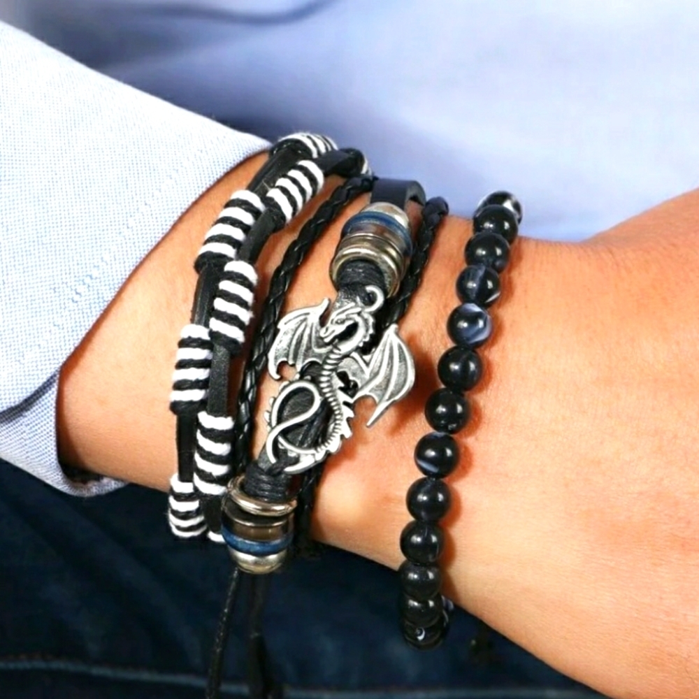Silver Dragon bead and leather bracelet set bundle
